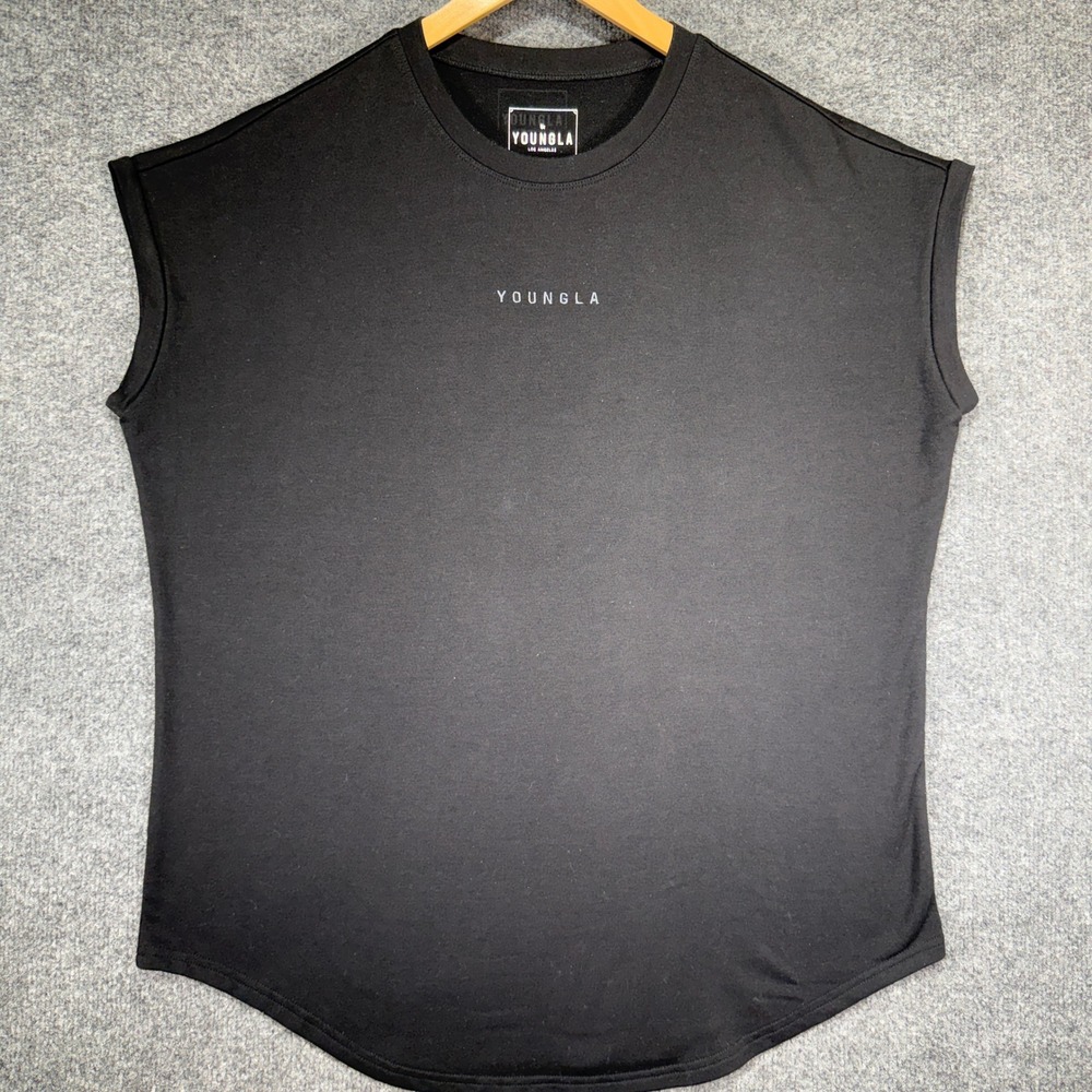 YoungLA Model 446 Muscle Tee Mens Large Black Sleeveless Curved Hem Gym Shirt